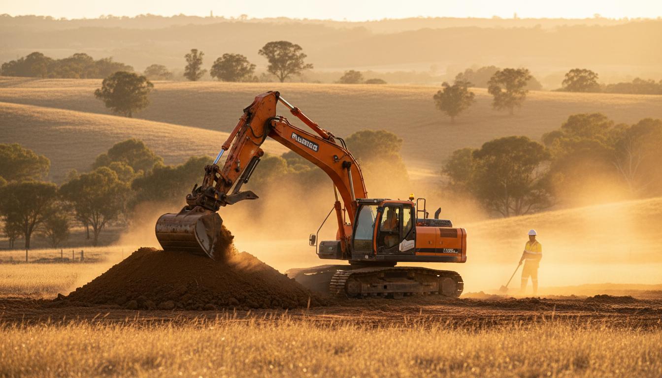 Large orange excavator working on a rural Australian property at golden hour, digging into earth mound with warm amber sunlight and dusty atmosphere