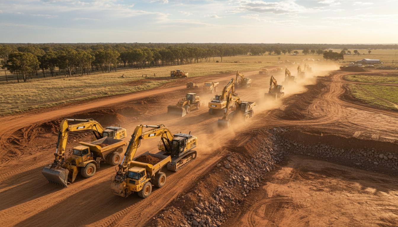 Commercial excavation project with multiple earthmoving machines including tip trucks and excavators on large construction site