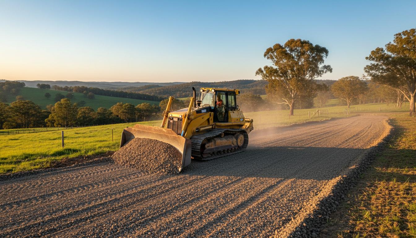 Bulldozer grading crushed rock surface for rural driveway preparation on Australian property with rolling green hills