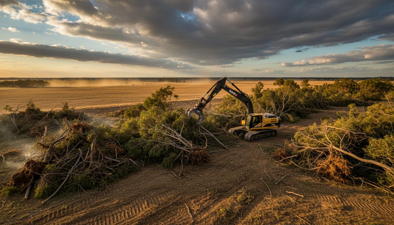 Excavator with grapple attachment clearing vegetation on large rural Australian property with piles of cleared trees