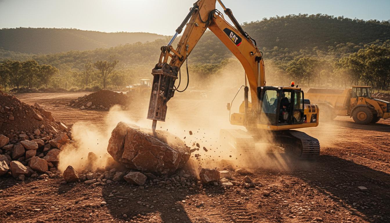 Excavator with hydraulic hammer attachment breaking large rocks on Australian construction site with dust flying