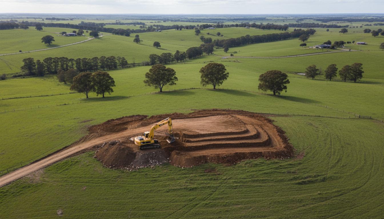 Aerial view of residential site cut excavation on Australian countryside property with excavator carving flat platform into hillside