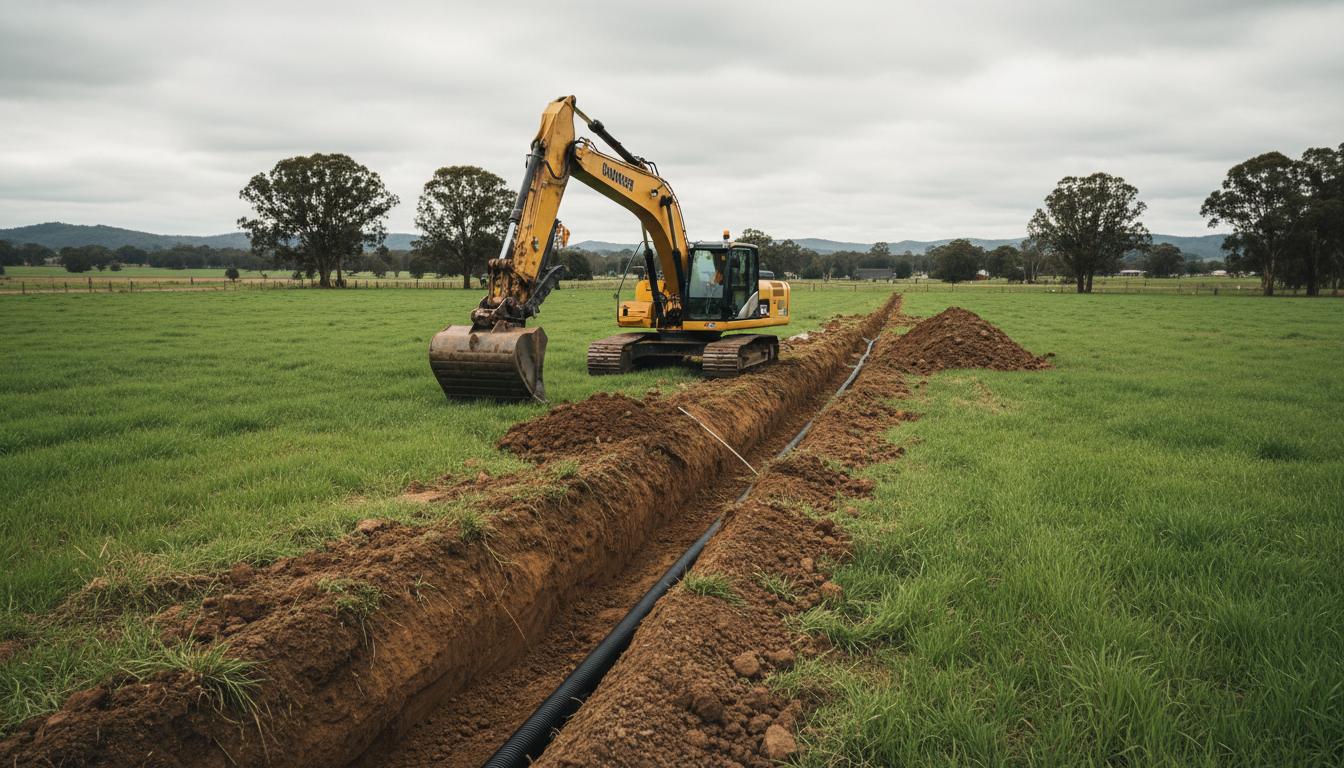 Excavator digging drainage trench with agricultural pipe visible in rural Australian setting